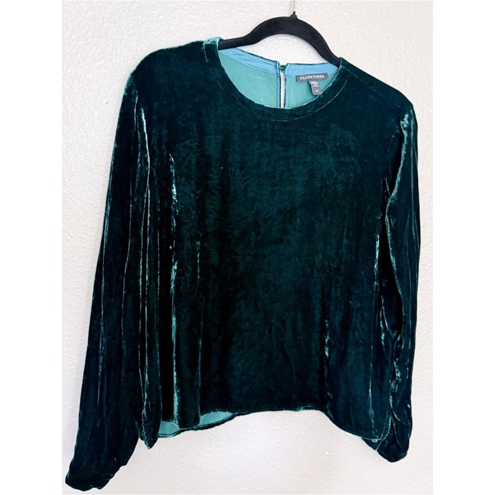 Eileen Fisher Deep Emerald Velvet Round Neck Top size S